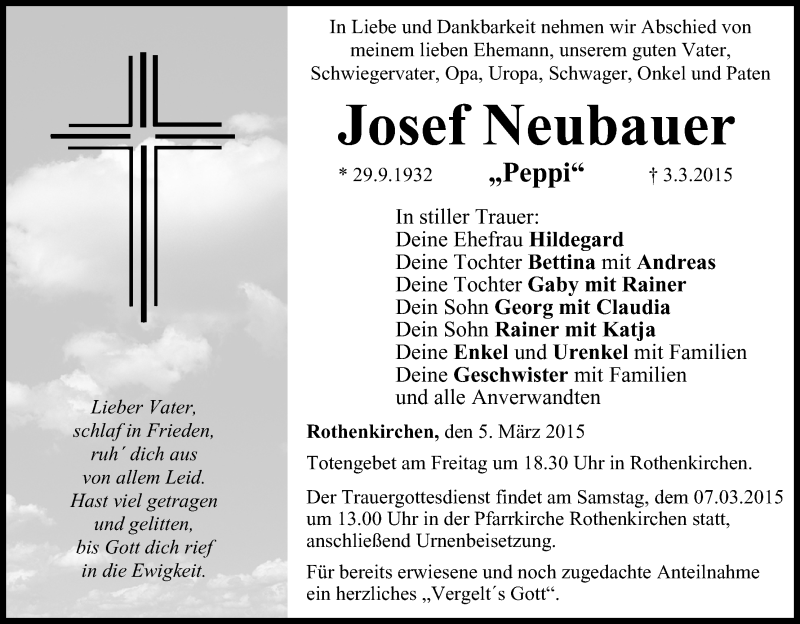  Traueranzeige für Josef Neubauer vom 05.03.2015 aus MGO