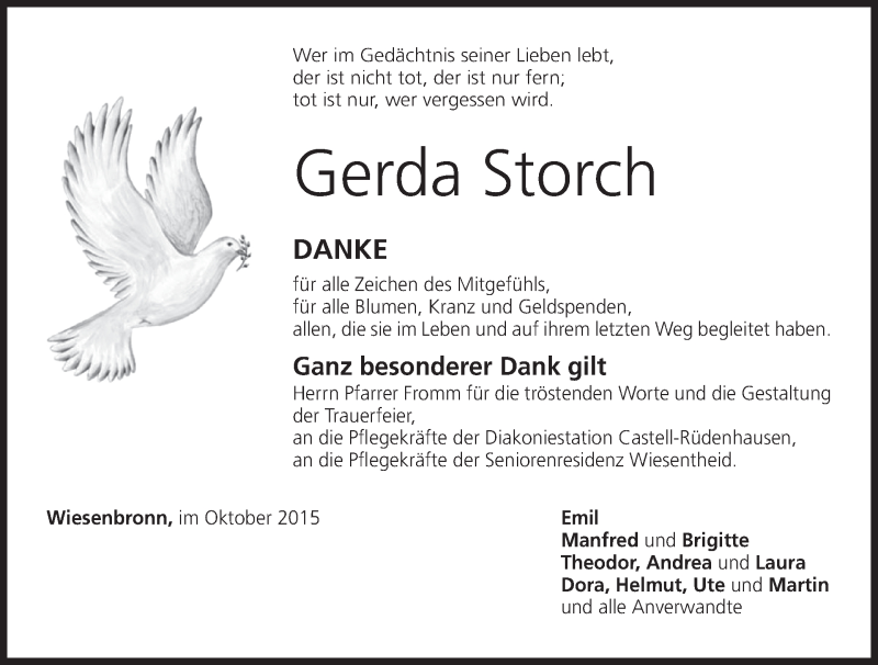 Traueranzeige für Gerda Storch vom 22.10.2015 aus MGO
