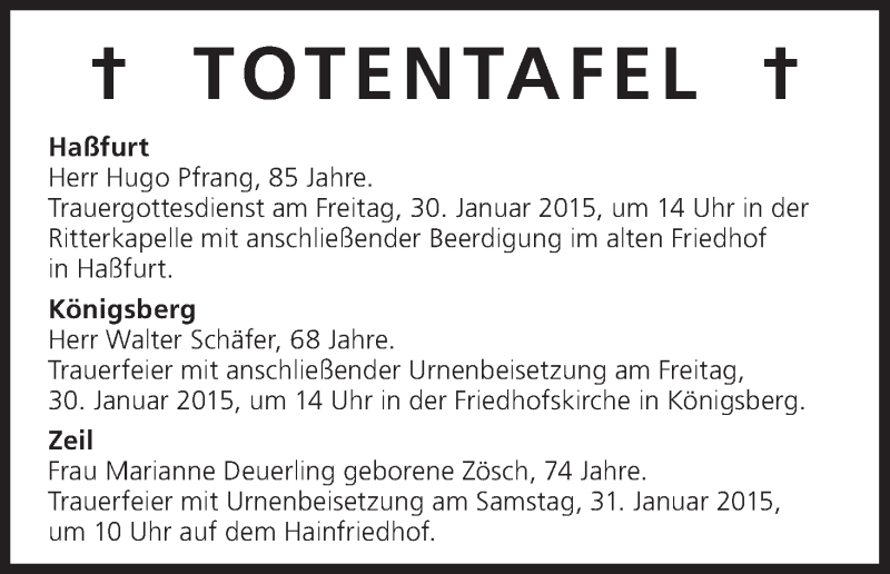  Traueranzeige für Totentafel vom 29.01.2015 vom 29.01.2015 aus MGO