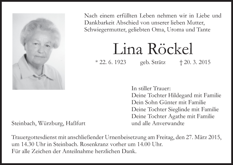  Traueranzeige für Lina Röckel vom 24.03.2015 aus MGO