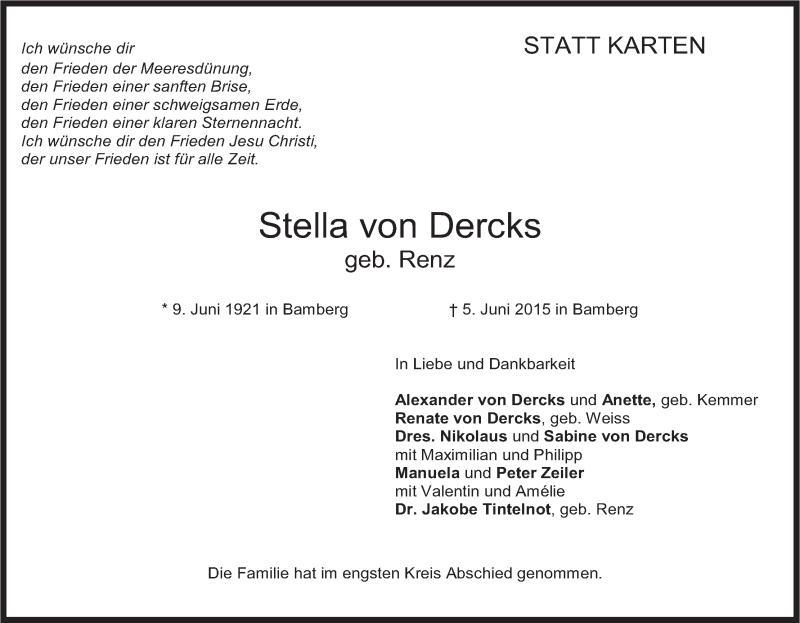  Traueranzeige für Stella von Dercks vom 13.06.2015 aus MGO