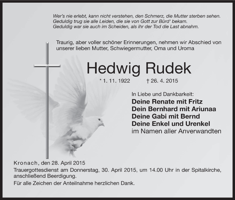  Traueranzeige für Hedwig Rudek vom 28.04.2015 aus MGO