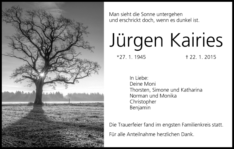  Traueranzeige für Jürgen Kairies vom 31.01.2015 aus MGO