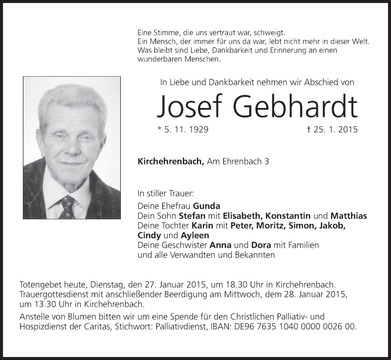  Traueranzeige für Josef Gebhardt vom 27.01.2015 aus MGO