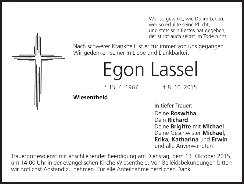  Traueranzeige für Egon Lassel vom 12.10.2015 aus MGO