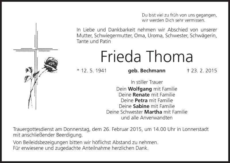  Traueranzeige für Frieda Thoma vom 25.02.2015 aus MGO