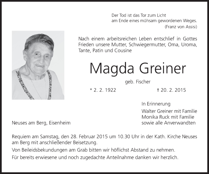 Magda Greiner | Traueranzeige | trauer.inFranken.de