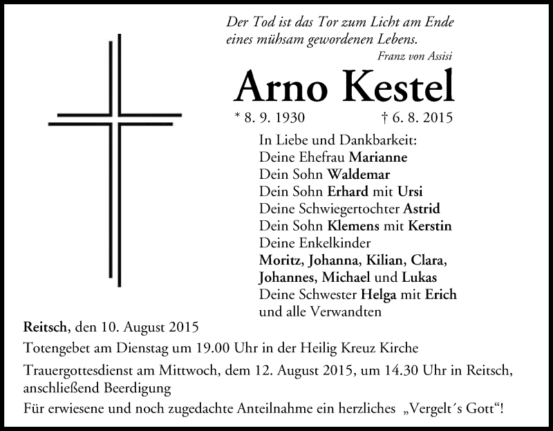  Traueranzeige für Arno Kestel vom 10.08.2015 aus MGO