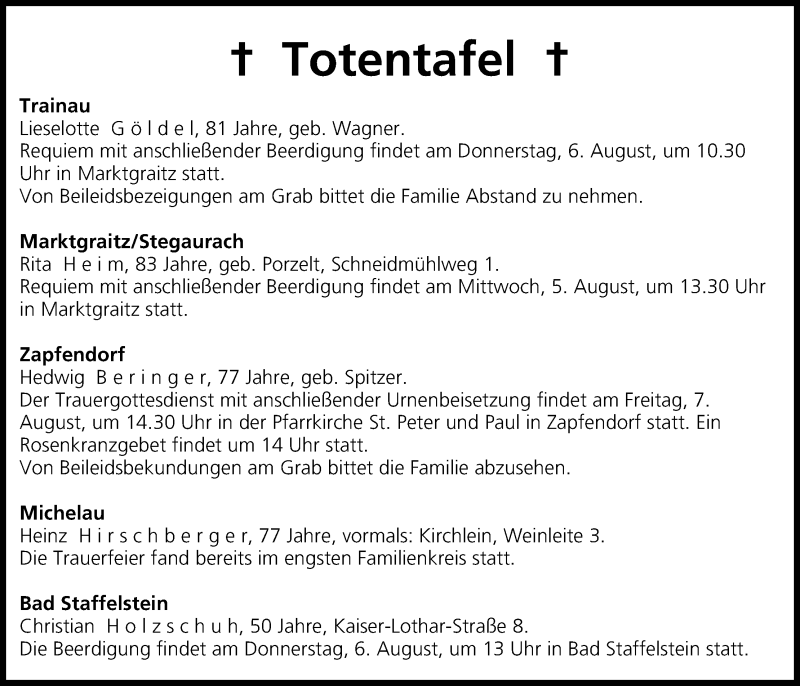  Traueranzeige für Totentafel vom 05.08.2015 vom 05.08.2015 aus MGO