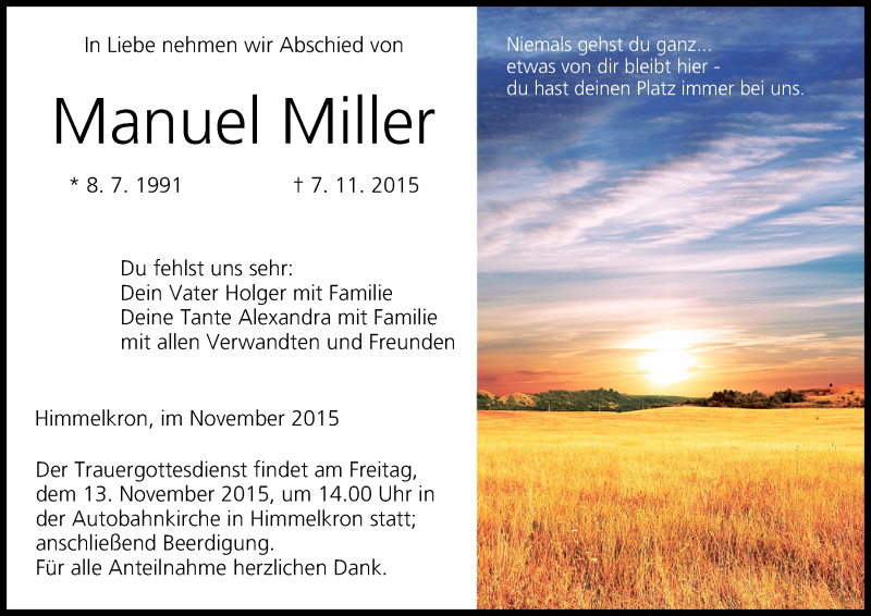  Traueranzeige für Manuel Miller vom 12.11.2015 aus MGO