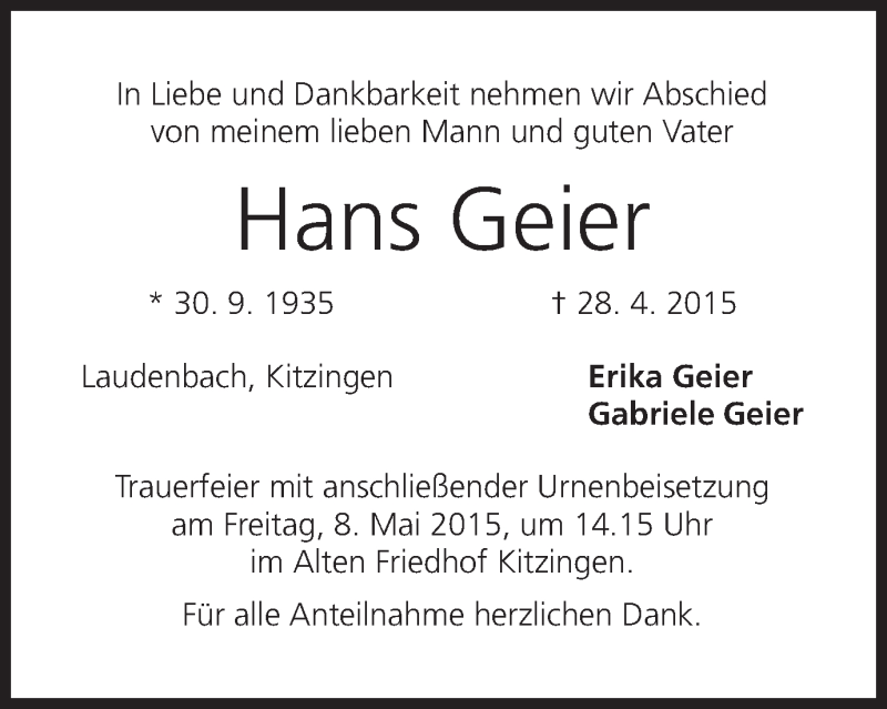  Traueranzeige für Hans Geier vom 05.05.2015 aus MGO