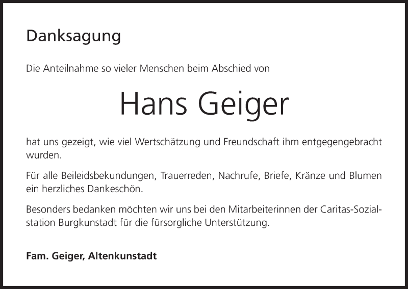  Traueranzeige für Hans Geiger vom 12.09.2015 aus MGO