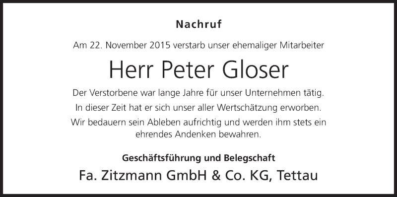  Traueranzeige für Peter Gloser vom 27.11.2015 aus MGO