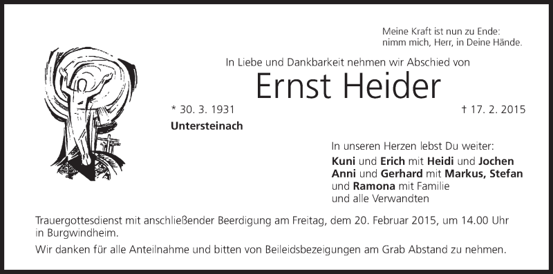  Traueranzeige für Ernst Heider vom 19.02.2015 aus MGO