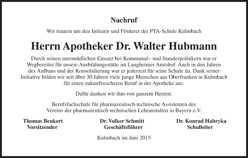  Traueranzeige für Walter Hubmann vom 12.06.2015 aus MGO
