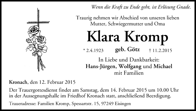  Traueranzeige für Klara Kromp vom 12.02.2015 aus MGO