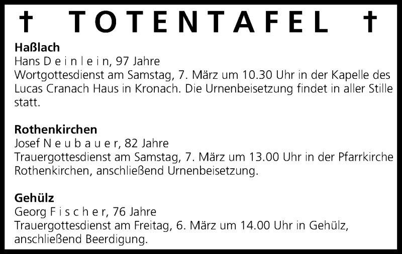  Traueranzeige für Totentafel vom 06.03.2015 vom 06.03.2015 aus MGO