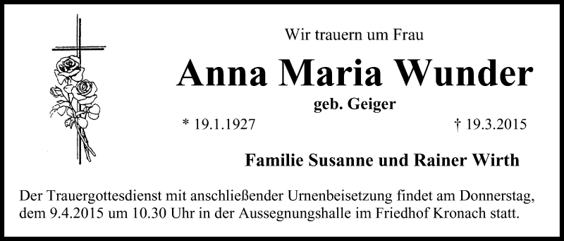  Traueranzeige für Anna Maria Wunder vom 07.04.2015 aus MGO