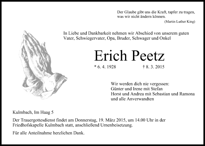  Traueranzeige für Erich Peetz vom 17.03.2015 aus MGO