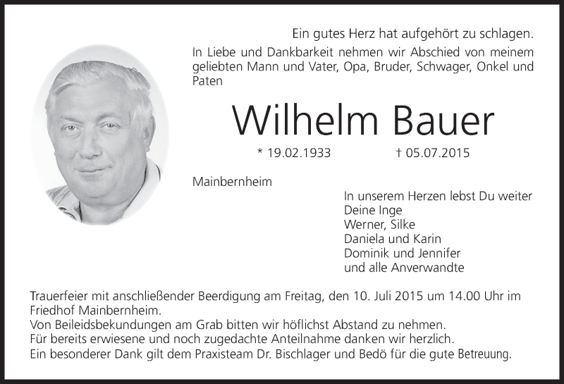  Traueranzeige für Wilhelm Bauer vom 08.07.2015 aus MGO
