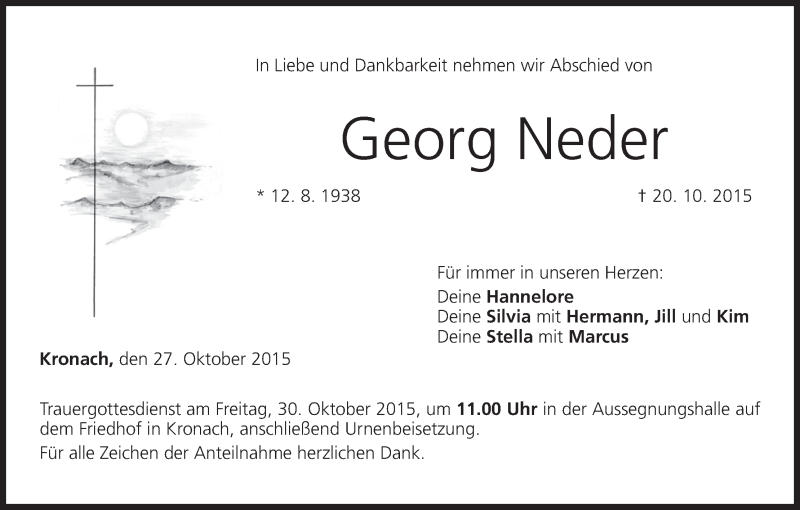  Traueranzeige für Georg Neder vom 27.10.2015 aus MGO