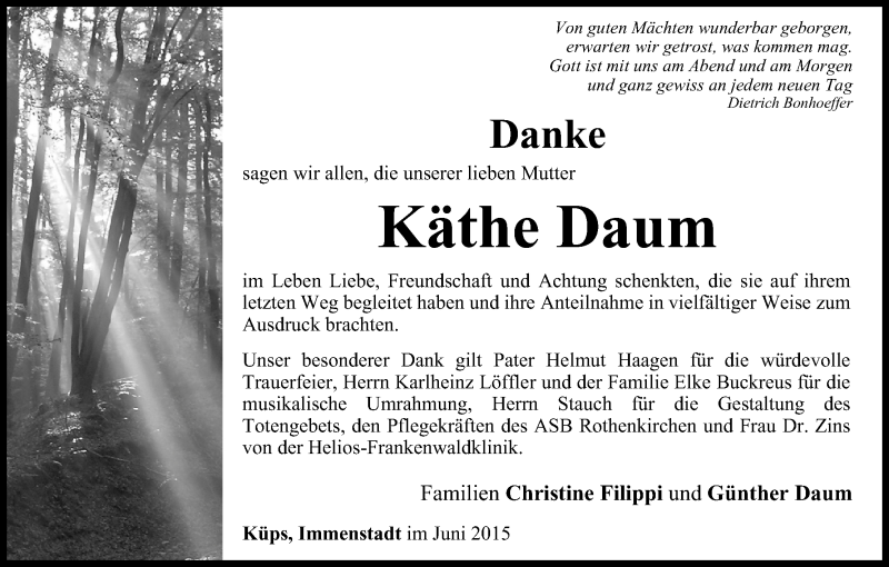  Traueranzeige für Käthe Daum vom 06.06.2015 aus MGO