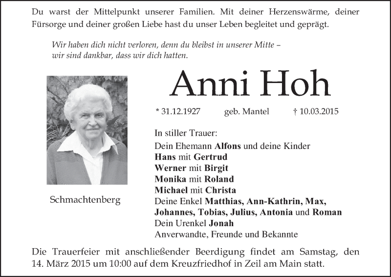  Traueranzeige für Anni Hoh vom 12.03.2015 aus MGO