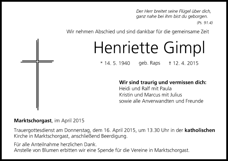  Traueranzeige für Henriette Gimpl vom 14.04.2015 aus MGO