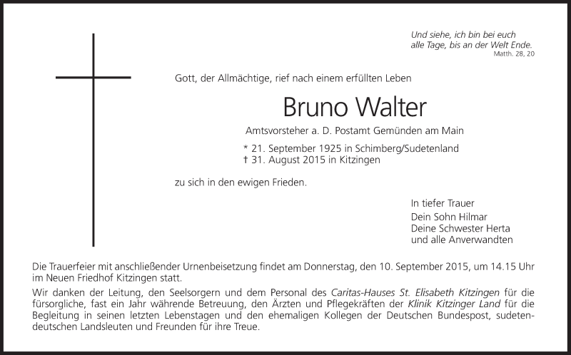  Traueranzeige für Bruno Walter vom 05.09.2015 aus MGO