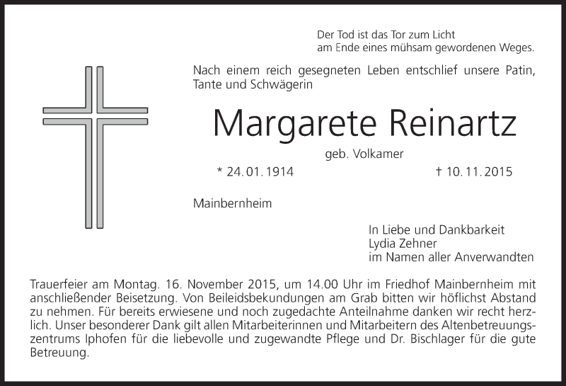  Traueranzeige für Margarete Reinartz vom 12.11.2015 aus MGO