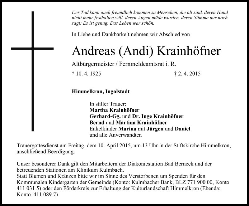  Traueranzeige für Andreas Krainhöfner vom 07.04.2015 aus MGO