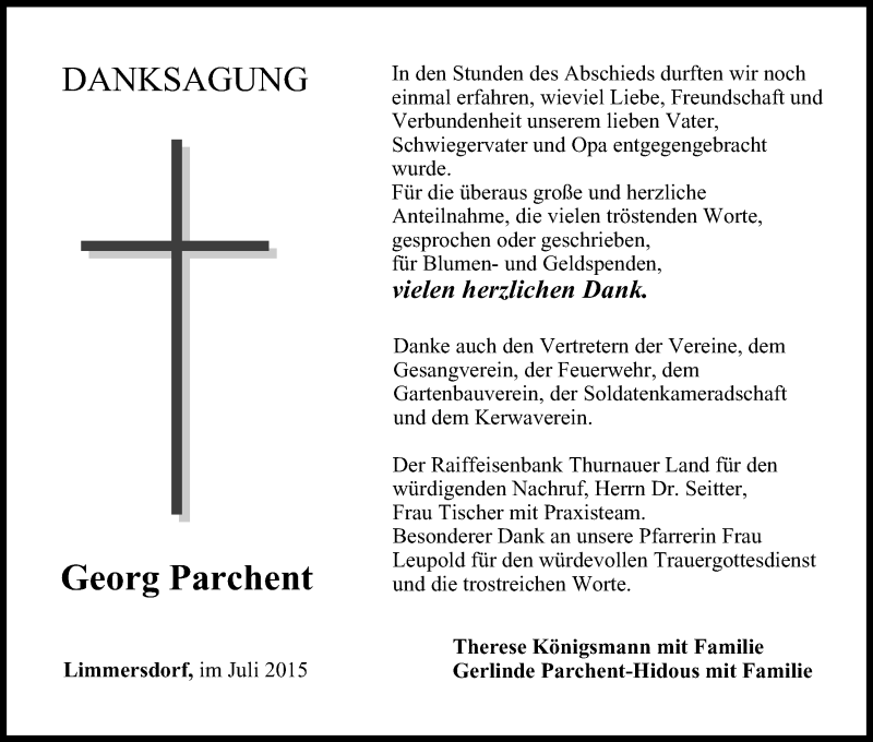  Traueranzeige für Georg Parchent vom 01.08.2015 aus MGO
