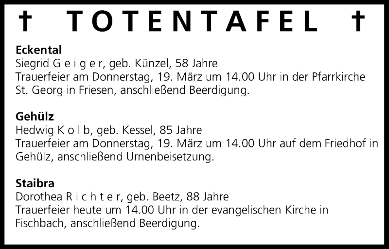  Traueranzeige für Totentafel vom 18.03.2015 vom 18.03.2015 aus MGO