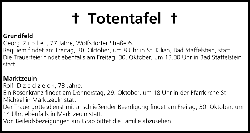 Traueranzeige für Totentafel vom 29.10.2015 vom 29.10.2015 aus MGO