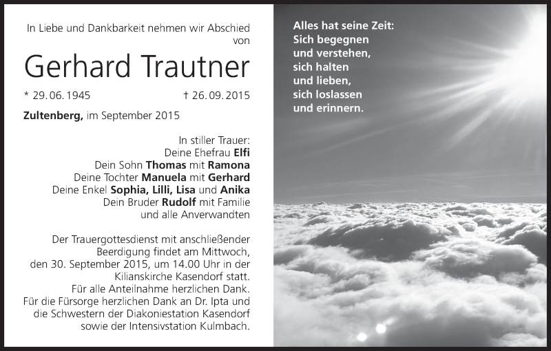  Traueranzeige für Gerhard Trautner vom 28.09.2015 aus MGO