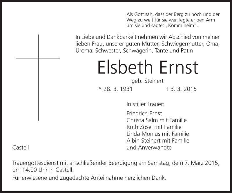  Traueranzeige für Elsbeth Ernst vom 06.03.2015 aus MGO