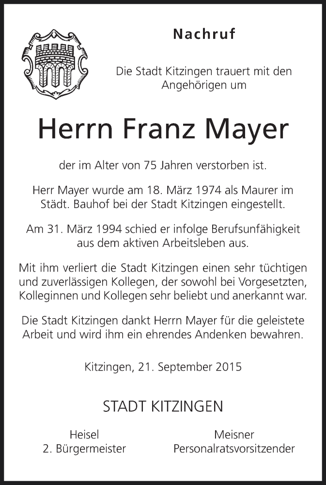  Traueranzeige für Franz Mayer vom 23.09.2015 aus MGO