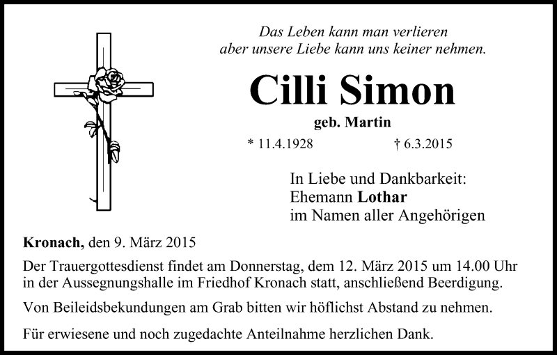  Traueranzeige für Cilli Simon vom 09.03.2015 aus MGO