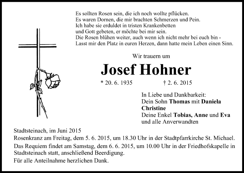  Traueranzeige für Josef Hohner vom 04.06.2015 aus MGO