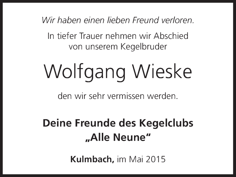  Traueranzeige für Wolfgang Wieske vom 12.05.2015 aus MGO