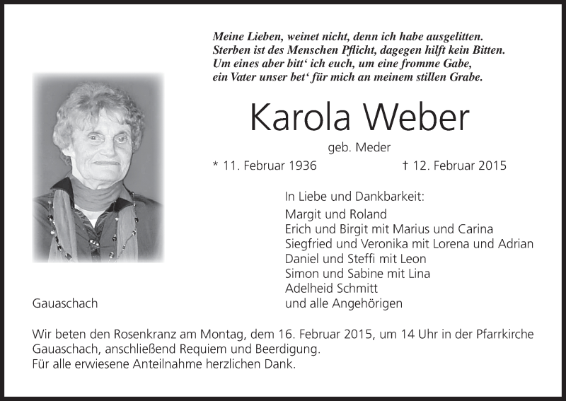  Traueranzeige für Karola Weber vom 14.02.2015 aus MGO