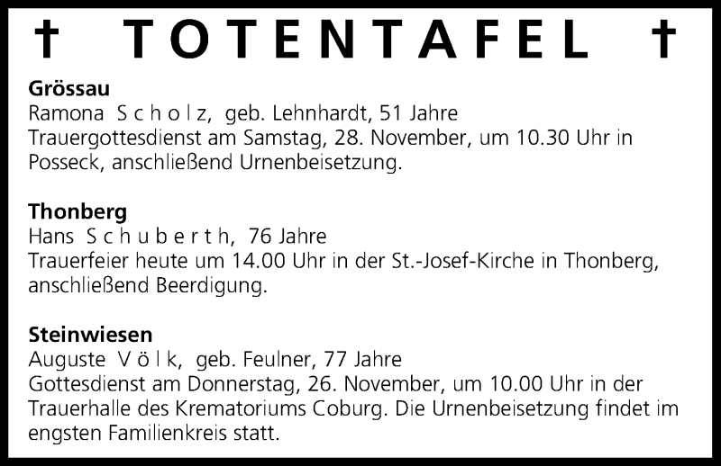  Traueranzeige für Totentafel vom 25.11.2015 vom 25.11.2015 aus MGO