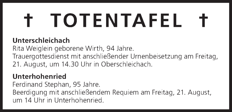  Traueranzeige für Totentafel vom 20.08.2015 vom 20.08.2015 aus MGO