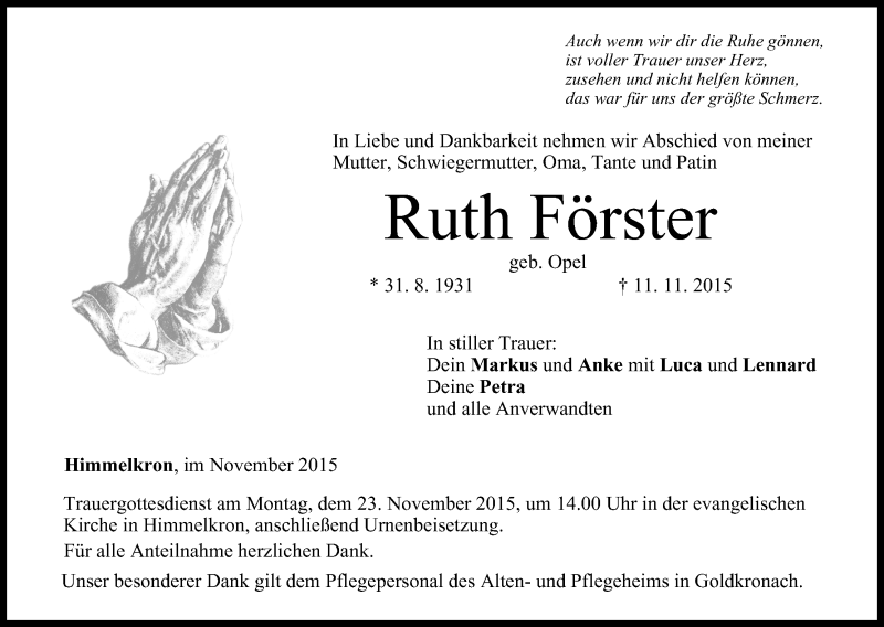  Traueranzeige für Ruth Förster vom 21.11.2015 aus MGO