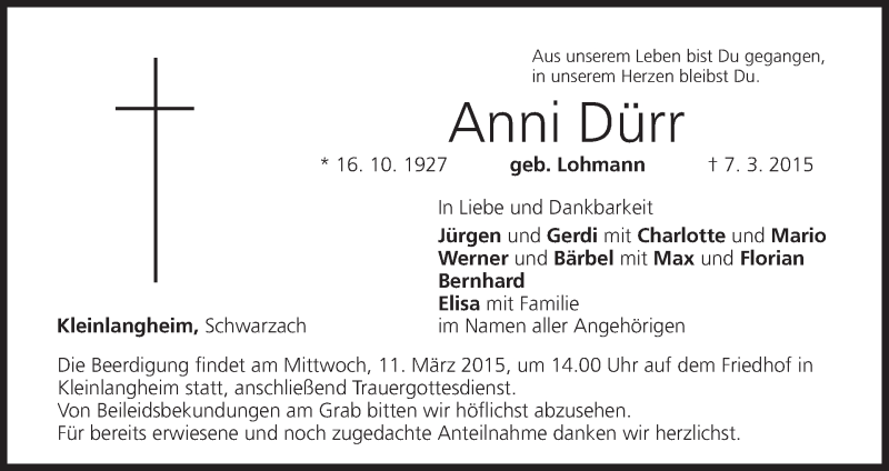  Traueranzeige für Anni Dürr vom 09.03.2015 aus MGO