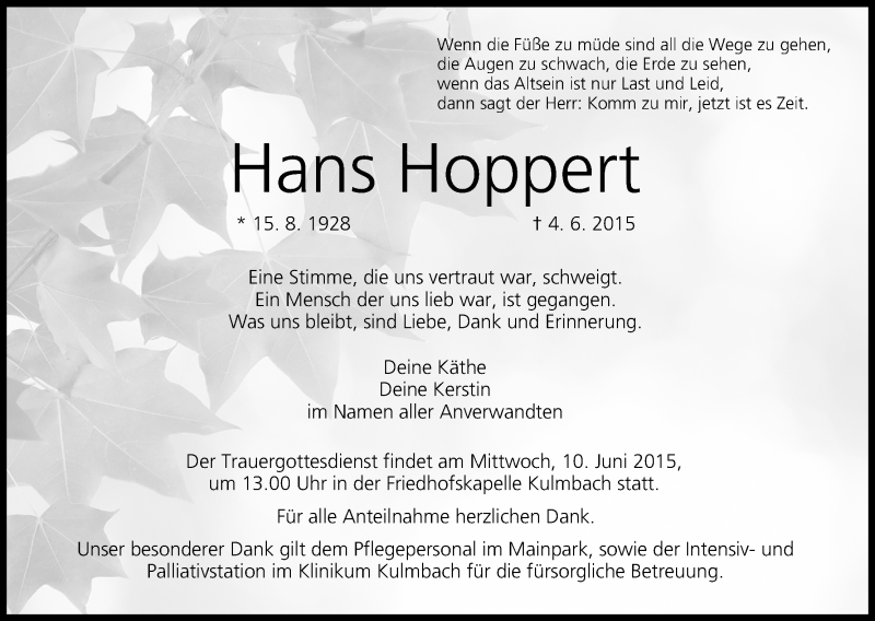  Traueranzeige für Hans Hoppert vom 08.06.2015 aus MGO