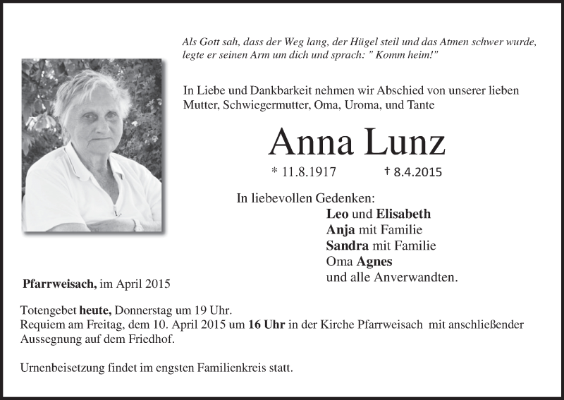  Traueranzeige für Anna Lunz vom 09.04.2015 aus MGO