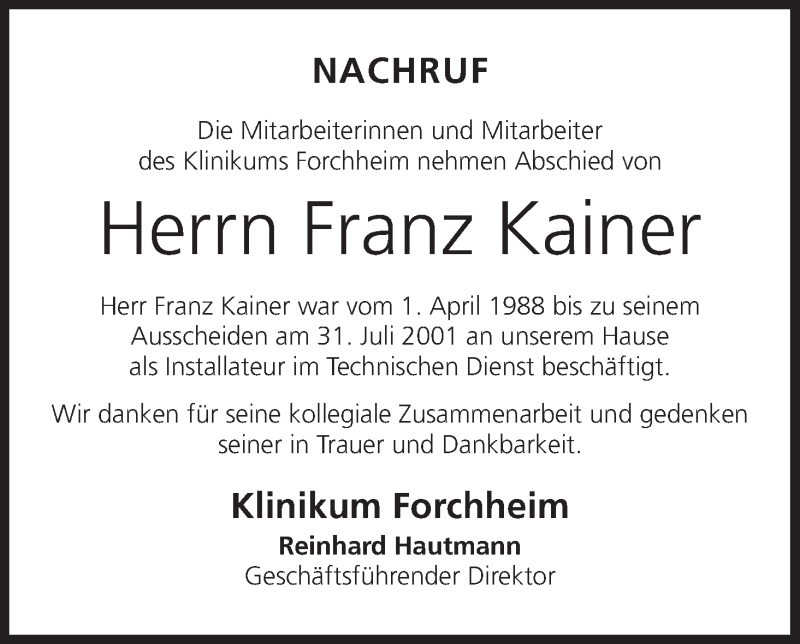  Traueranzeige für Franz Kainer vom 27.02.2015 aus MGO