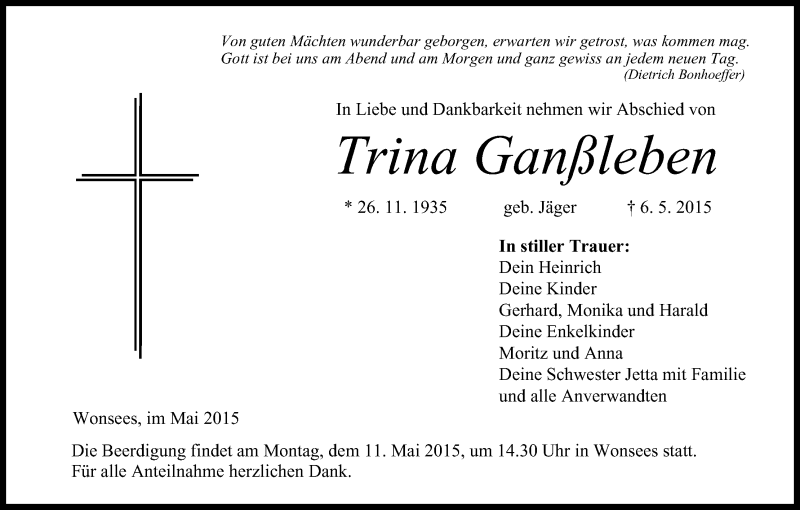  Traueranzeige für Trina Ganßleben vom 09.05.2015 aus MGO