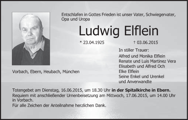  Traueranzeige für Ludwig Elflein vom 13.06.2015 aus MGO